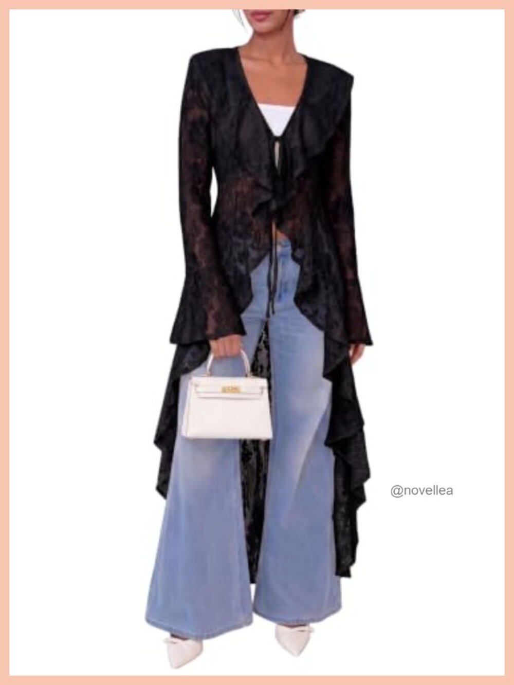 Lace Cardigan Maxi Duster Open Front Tie Bell Sleeve Ruffled Swim Cover Up